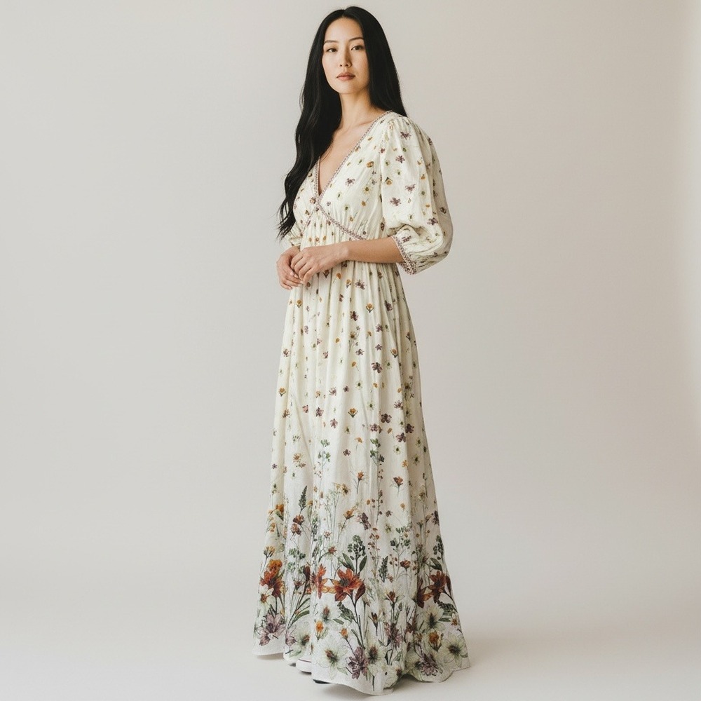 Max Studio Floral Maxi Dress L Cream Linen Peasant Puff Sleeve Prairie Romantic